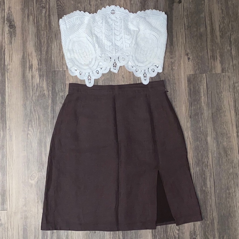 Vintage brown raw silk skirt with front slit